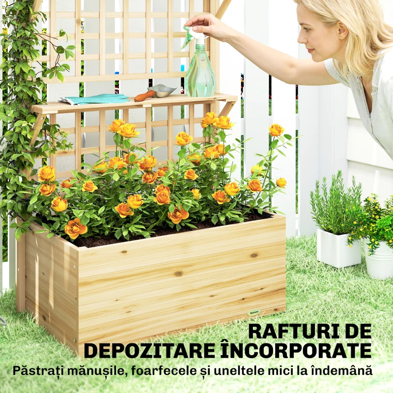 Outsunny Jardinieră Ridicată din Lemn cu Grilaj, Acoperiș și 2 Rafturi, 76x43.5x177 cm, Lemn Natural