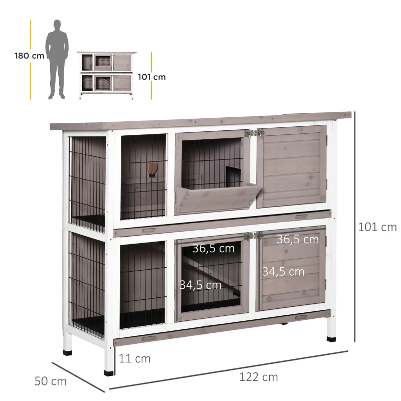 PawHut Conigliera in Legno a 2 livelli con Tetto Apribile, Mangiatoia e Vassoi Estraibili, 122x50x101 cm, Marrone