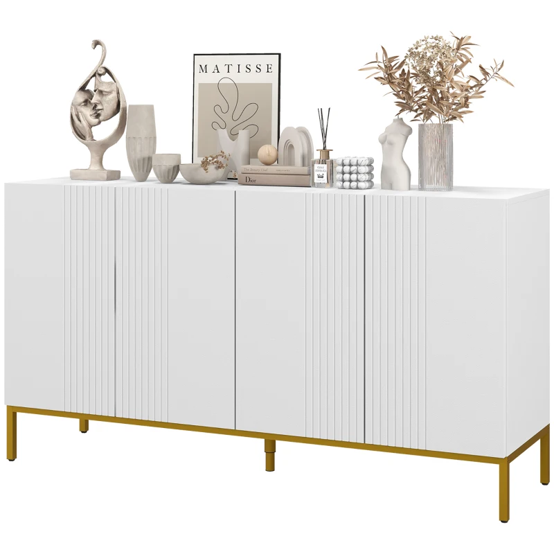 HOMCOM Aparador de Salón de 4 Puertas con Estantes Ajustables y Patas Doradas 140x40x75 cm para Entrada Dormitorio Blanco