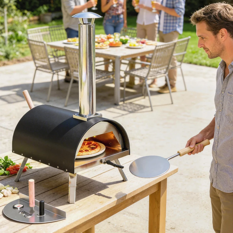 Outsunny Outdoor Pizza Oven Foldable Legs Pellet Wood Fired Pizza Maker w/ 12" Rotating Stone and Peel