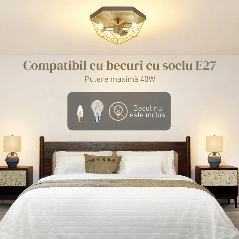 HOMCOM Lustră de Tavan Stil Industrial Geometrică cu 3 Socluri E27 pentru Becuri LED, Negru și Auriu