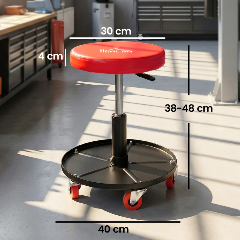 HOMCOM Rolling Mechanical Stool, Pneumatic Adjustable Workshop Stool with Tool Tray, Wheels - Orange