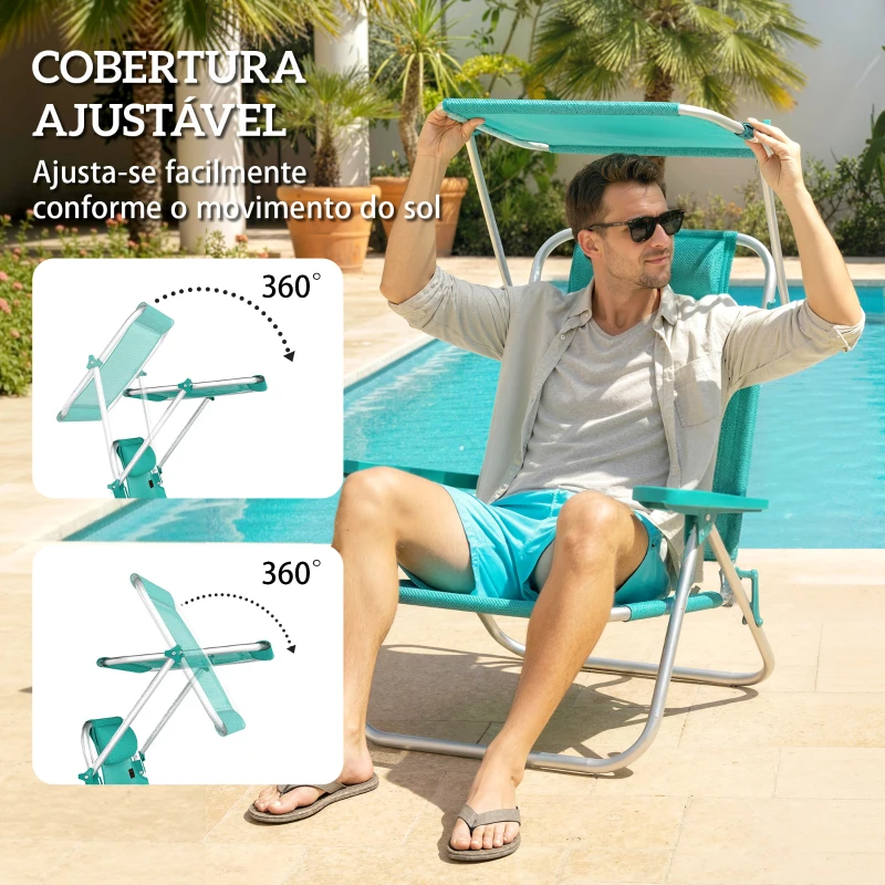 Outsunny Conjunto de 2 Cadeiras de Praia Dobráveis com Toldo Ajustável Encosto Reclinável em 6 Posições Apoio de Cabeça Turquesa