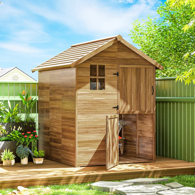 Outsunny Căsuță de Grădină din Lemn 1,8x2m cu Ușă Dublă, Fereastră și Bază Inclusă, Culoare Lemn(m-6)