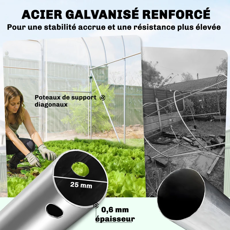 Outsunny Serre Tunnel de Jardin 12m² Film PO Anti-goutte Acier Galvanisé 25mm Structure Renforcée 2 Portes Battantes Transparent