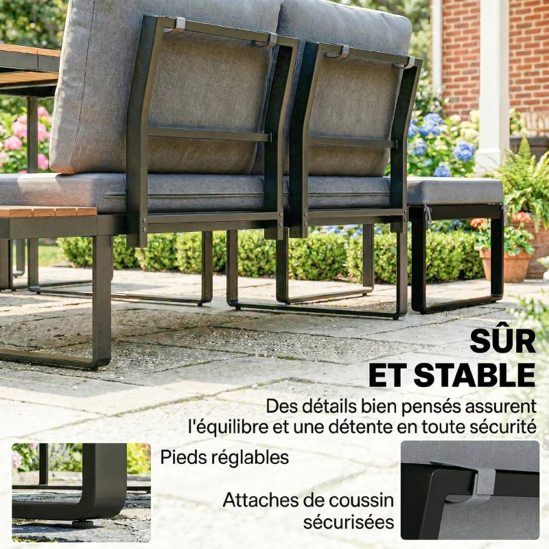 Outsunny Salon de Jardin Extérieur Ensemble Meubles de Jardin 6-8 Personnes Aluminium avec Plateaux Latéraux 256x198x70cm Gris
