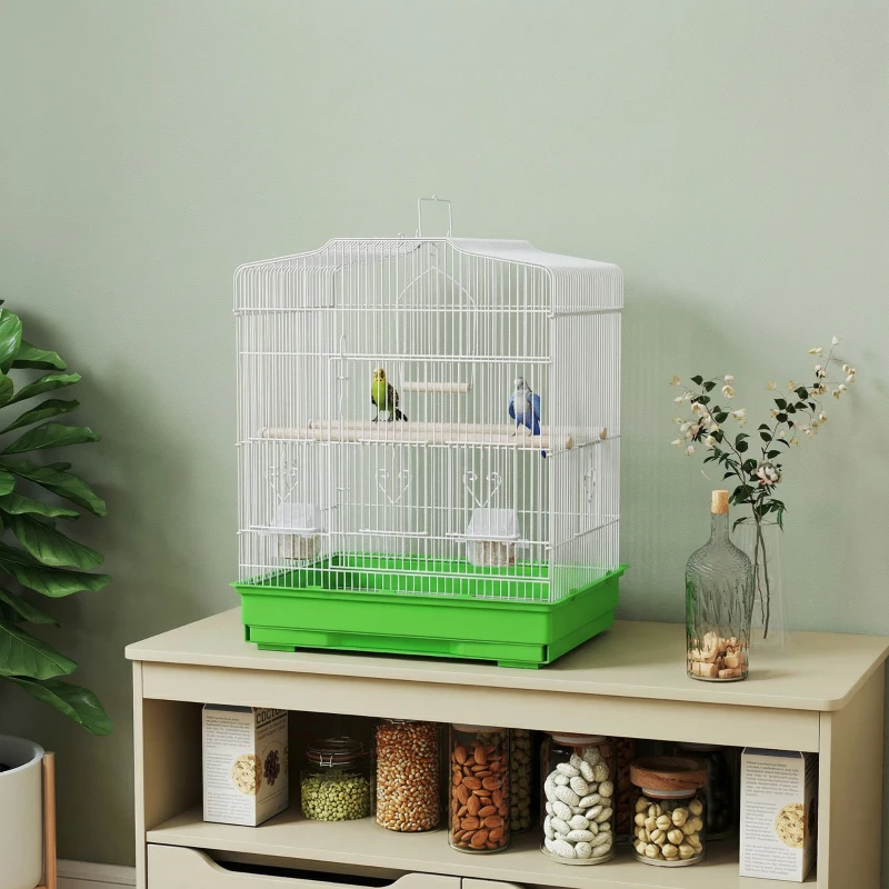 PawHut Jaula para Pájaros Pajarera de Acero con 2 Comederos 2 Perchas Columpio y Bandeja Extraíble Asa 46,5x36x59 cm Verde