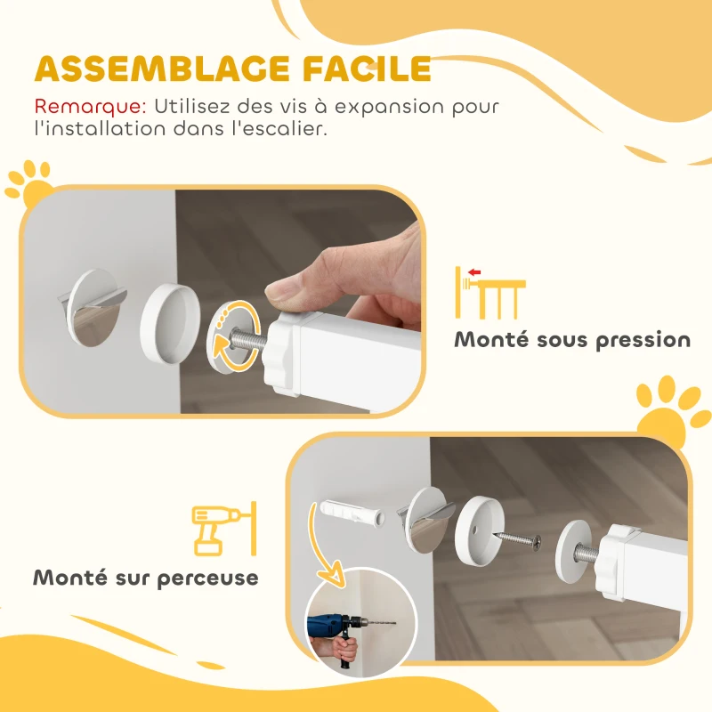 PawHut Barrière de sécurité chien barrière extensible 75-145 x 76 cm barrière escaliers couloirs portes sans perçage en acier et ABS blanc