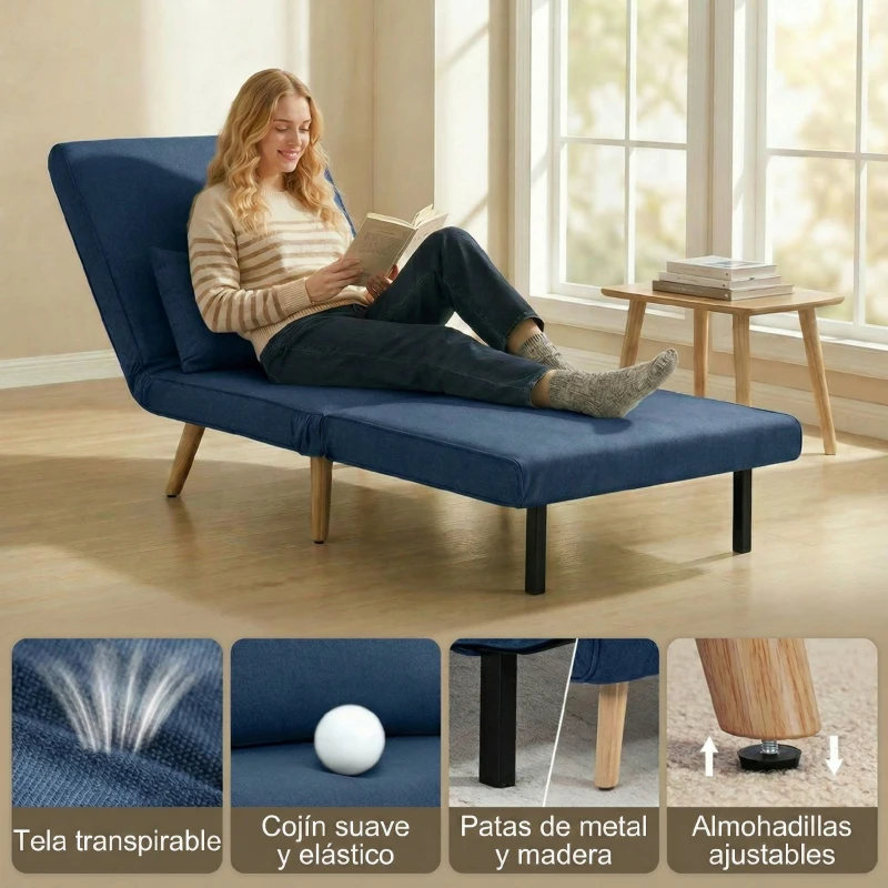 HOMCOM Sofá Cama Individual Plegable con Respaldo Ajustable 5 Posiciones Sillón Cama Tapizado con Cojín 72x75x85 cm Azul