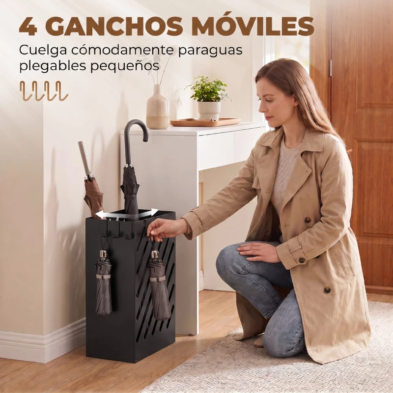 HOMCOM Paragüero de Acero Galvanizado Soporte de Paraguas Estrecho con Bandeja de Goteo Extraíble 4 Ganchos 28x14x41 cm Negro