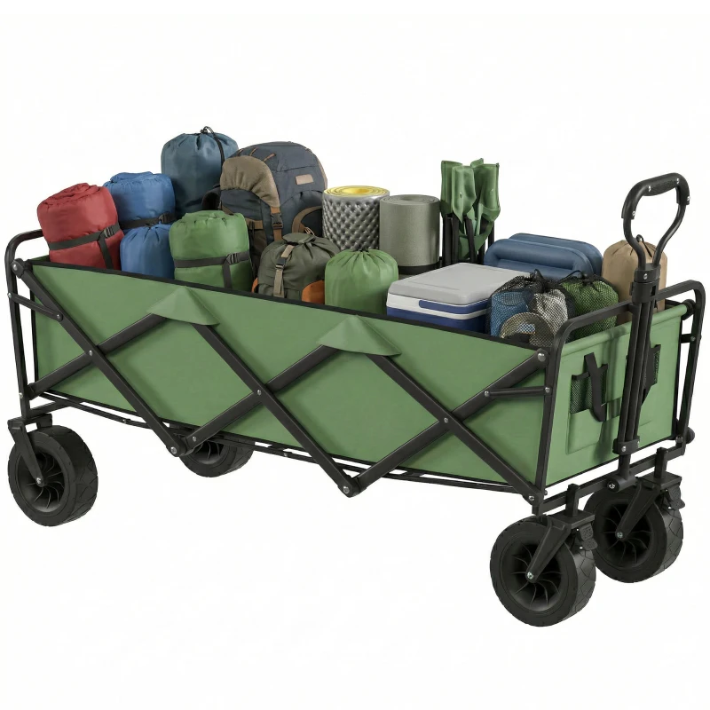 Outsunny Chariot de Jardin Pliable 130L avec Roues, Remorque Robuste avec Freins, Poignée Réglable, vert