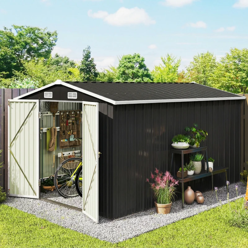 Outsunny 12 x 8 ft Garden Shed, Outdoor Storage Shed with 4 Vents and Lockable Double Doors, Dark Grey