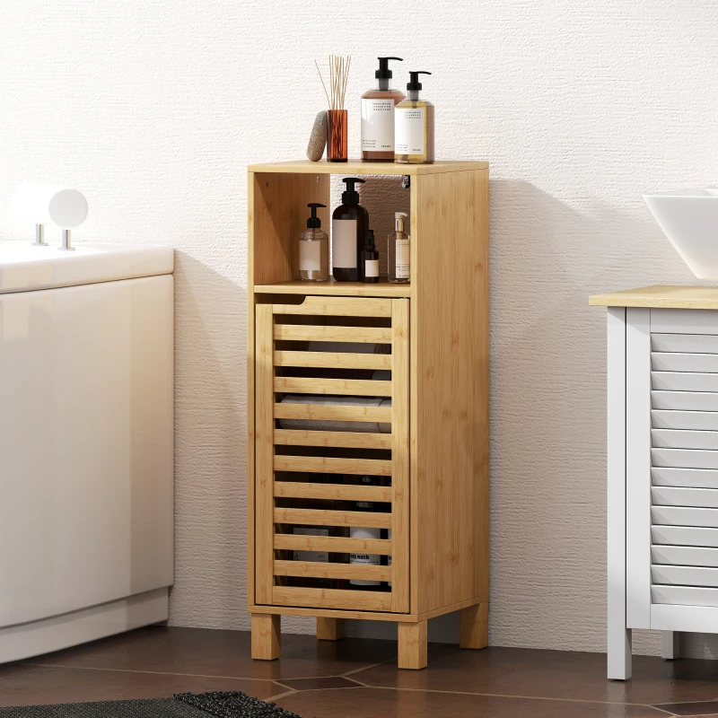 HOMCOM Mueble Auxiliar de Baño Estrecho con Puerta de Lamas Balda Abierto Estante Ajustable 30x30x80 cm Natural