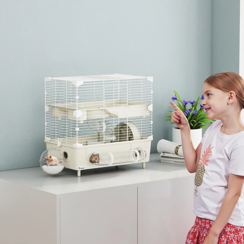 PawHut Gabbia per Criceti a 2 Livelli e 3 Porte con Ruota e Tubi, in Acciaio, PS e PP, 44.5x28x44 cm, Crema e Bianco