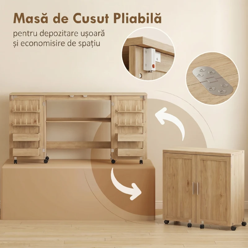 HOMCOM Masă de Cusut Pliabilă cu Roți, 4 Recipiente, 20 Pini, Raft, Panou de PAL, Stejar