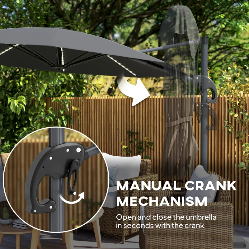 Outsunny 3(m) Cantilever Garden Parasol with Solar Powered Lights, Crank Handle & Cross Base, UPF 50+, 360° Rotation, Dark Grey