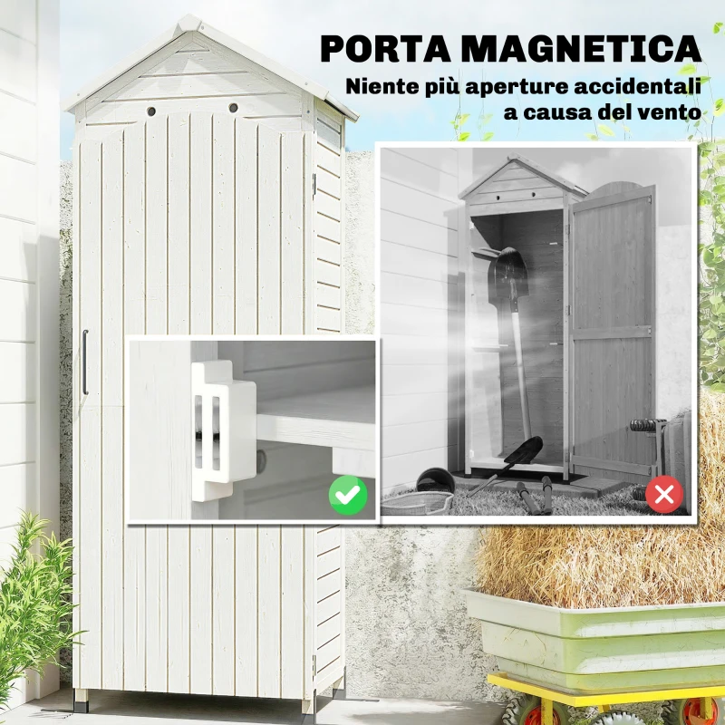 Outsunny Casetta porta Attrezzi in Legno con Tetto in Metallo e Scaffali Regolabili, 85x58x213 cm, Bianco