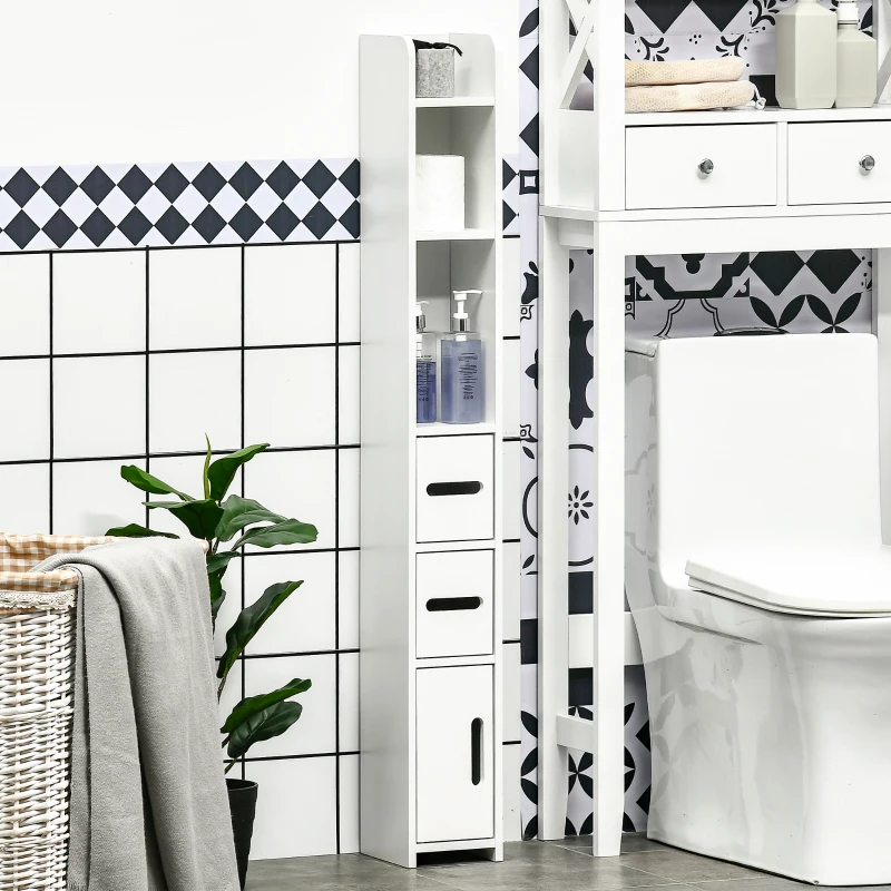kleankin Columna Baño con 3 Puertas y 3 Estantes Mueble Auxiliar Alto de Estilo Moderno 15x17x120cm Blanco