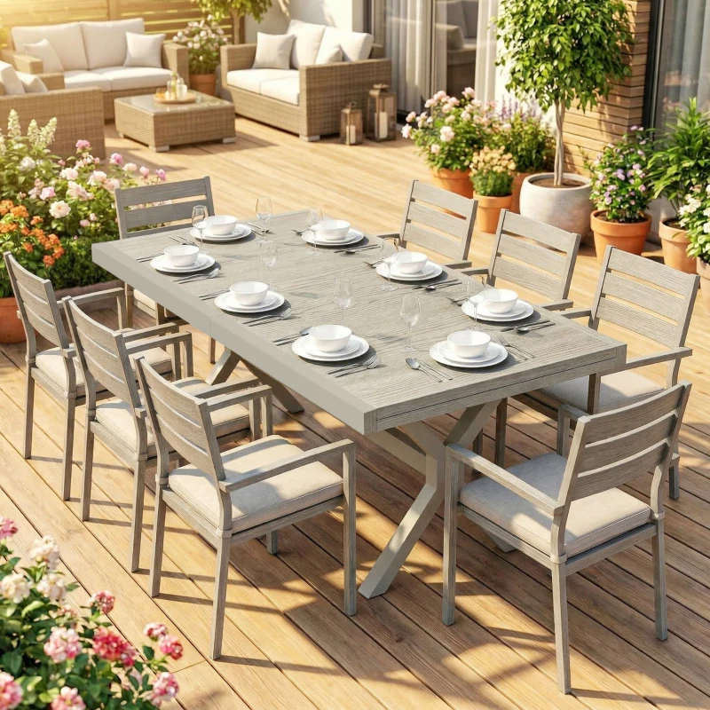Outsunny Masă Extensibilă de Grădină pentru 8-10 Persoane, din Aluminiu și Oțel, 154/214x85x73 cm, Gri