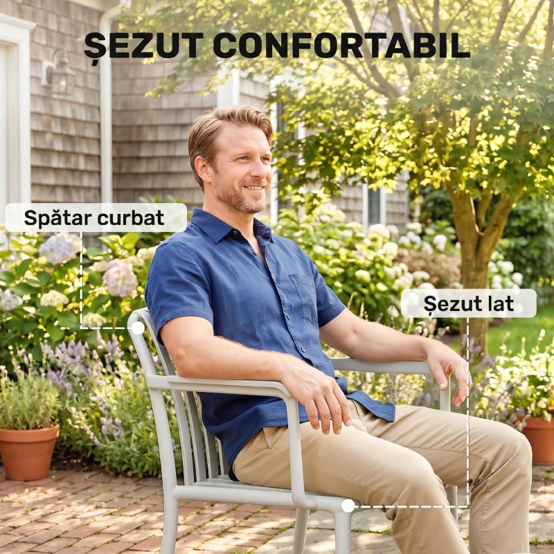 Outsunny Set de 4 Scaune de Grădină Stackabile, Design Lamelar și Cotiere.