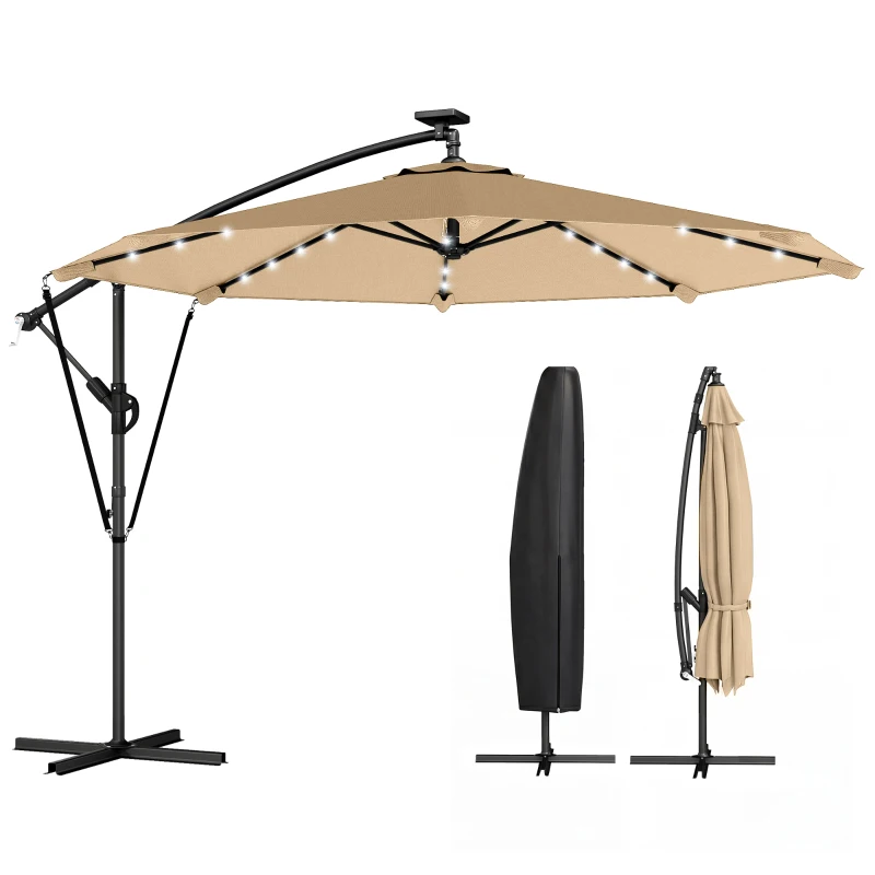 Outsunny Ombrellone a Sbalzo con 32 Luci LED Solari e Manovella, in Metallo e Poliestere, 330x295x245 cm, color Cachi