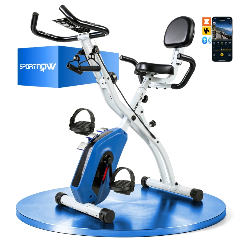 SPORTNOW Vélo d'Appartement Pliable Vélo de Fitness 4 en 1 Silencieux Connecté Kinomap Bluetooth et Zwift 105x53,5x109cm Bleu