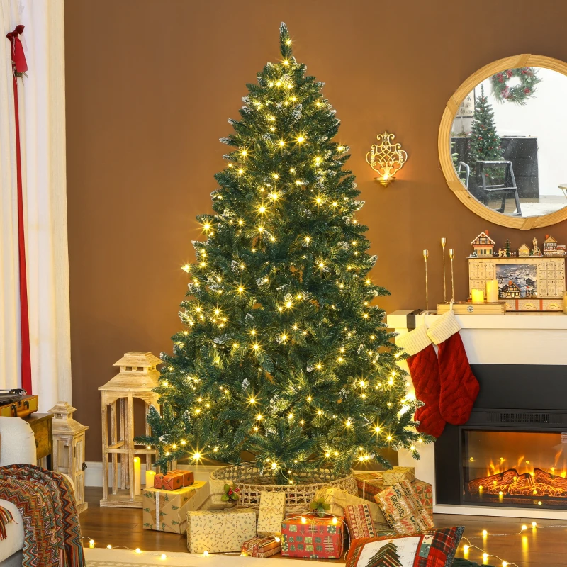 HOMCOM Árbol de Navidad de Abeto 210 cm con Luces LED 9 Modos de Iluminación 1160 Ramas con Nieve Artificial Verde