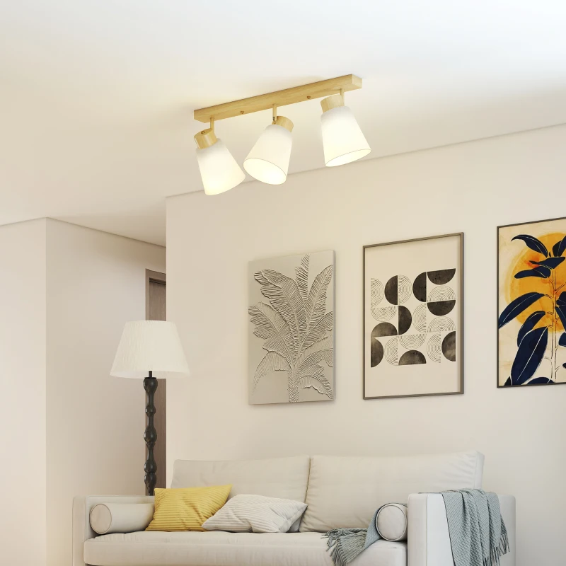 HOMCOM Candelabru de Tavan cu 3 Puncte de Lumină Reglabile la 90° și Dulii E27, Culoare Lemn