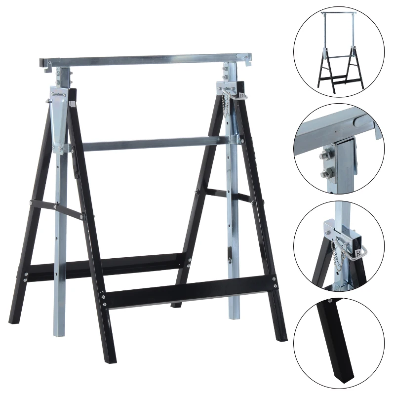 HOMCOM Set 2 Cavalletti da Lavoro Pieghevoli Portata 200 kg, Altezza Regolabili 80-130 cm, Cavalletti Telescopici Salvaspazio in Acciaio per Fai da Te, Garage e Giardino, Nero