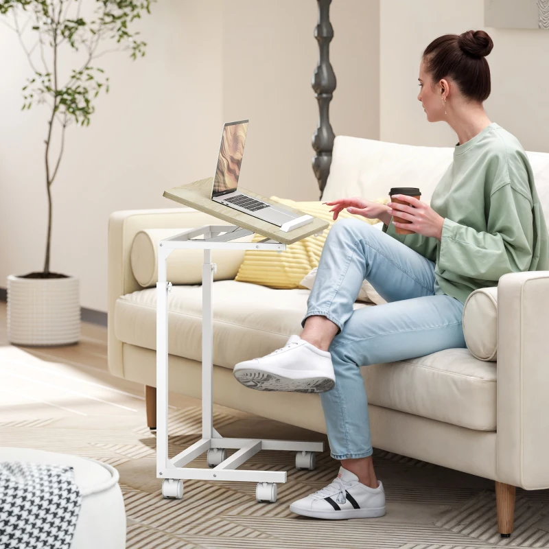 HOMCOM Table d'appoint avec roulettes en forme de C réglable en hauteur avec plateau inclinable, chêne et blanc