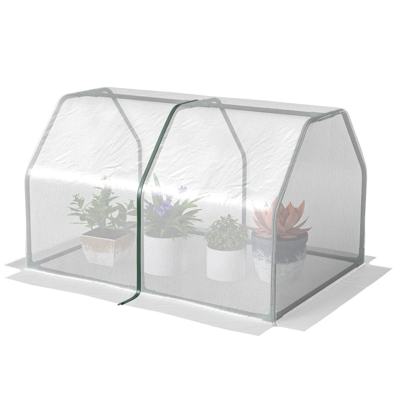 Outsunny Invernadero de Terraza 100x70x60 cm Vivero Casero Pequeño de Jardín con Cremallera para Cultivos Plantas Flores Marco de Acero Cubierta de PE 140g/m² Blanco