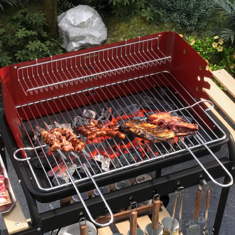 Outsunny Grătar cu cărbune cu grilaj reglabil și 3 rafturi din metal și lemn, 103x47x95 cm, roșu