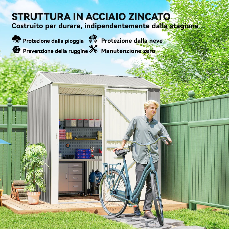 Outsunny Casetta da Giardino Alta in Acciaio da 3.51m² con Prese d'Aria e Porta Bloccabile, 209x177x236 cm, Argento