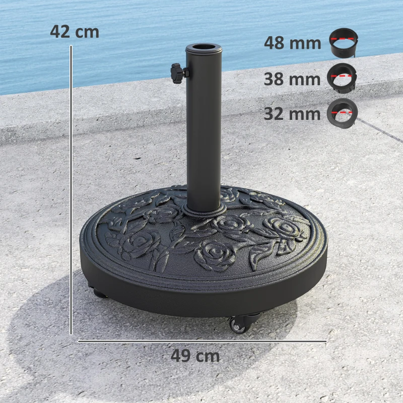 Outsunny Pied de parasol, socle parasol extérieur en résine 21 kg, pour mât de Ø 32/38/48 mm, avec roues, Ø 49 x 42 cm, noir