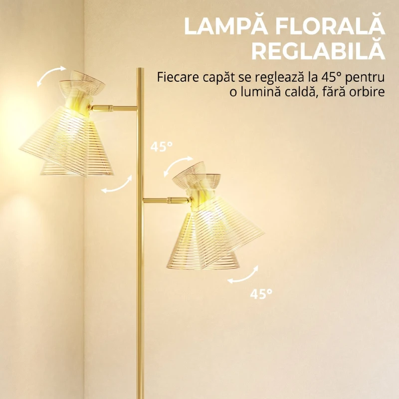 HOMCOM Lampă de Podea Modernă cu 2 Surse de Lumină și Abajururi Reglabile, Întrerupător cu Pedală, Auriu