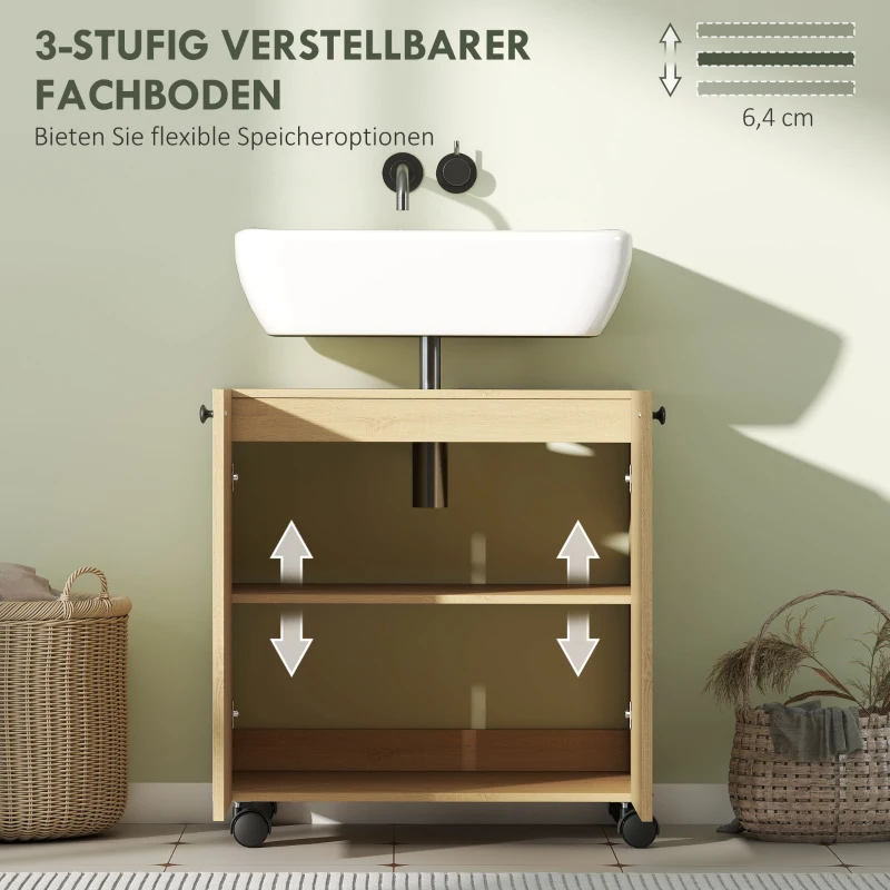HOMCOM Waschbecken-Unterschrank für Badezimmer, 3-stufiges Regal, Räder, Holz