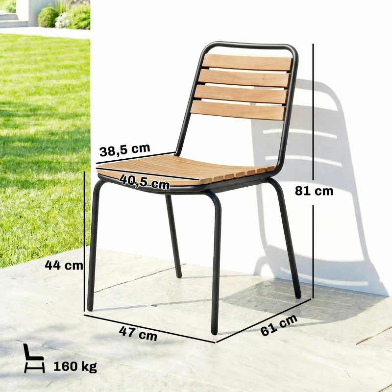 Outsunny Lot de 2 Chaises de Jardin Empilables, Assise et Dossier en Bois Massif à Lattes, Cadre en Acier, 61x47x81cm, Naturel
