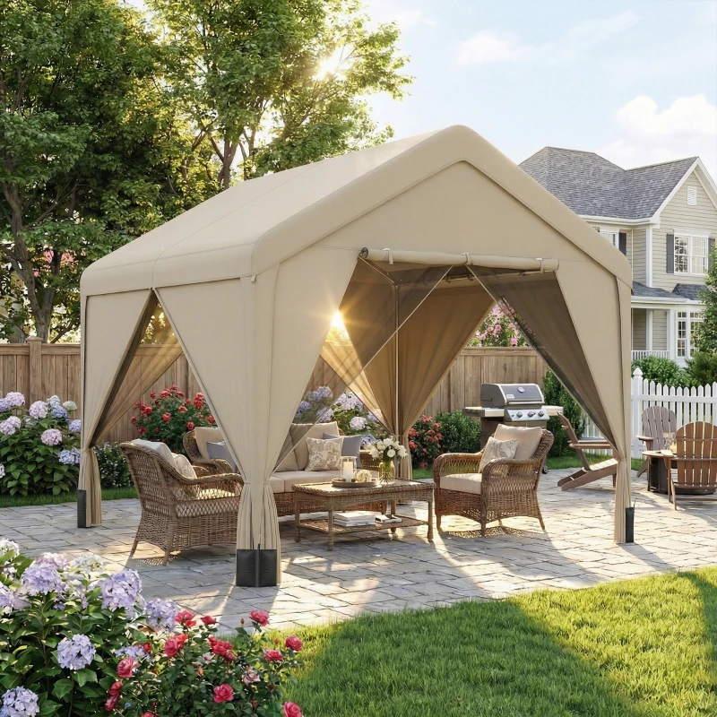 Outsunny 3 x 3 m Patio Gazebo with Netting & Curtains, Outdoor Canopy Shelter with Galvanised Steel Frame, Khaki