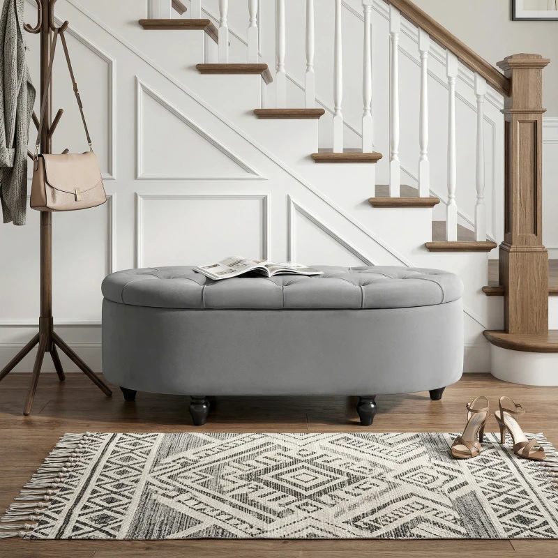 HOMCOM Hocker mit Stauraum, Sitztruhe, gepolstert, soft-close Deckel, Samtoptik, 120 x 46 x 42 cm, Dunkelgrau(m-8)