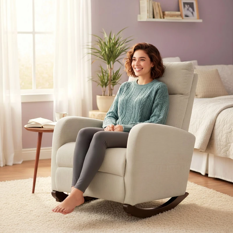 HOMCOM Schaukelstuhl, gepolsterter Schaukelsessel mit Cordstoff, Seitentaschen für Wohnzimmer, Schlafzimmer, Beige