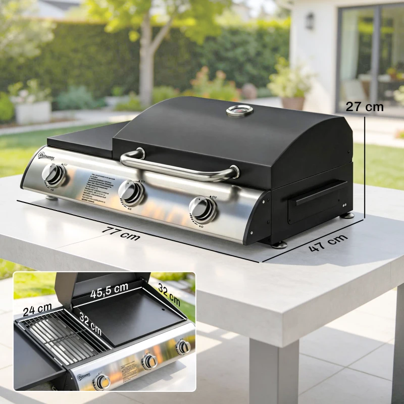 Outsunny Barbacoa de Gas BBQ Gas con 3 Quemadores 7,5 kW con Parrilla Plancha Estante Lateral Convertible Termómetro Negro