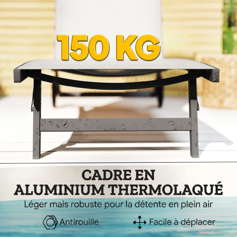 Outsunny Lot de 2 bains de soleil en aluminium et textilène avec roulettes dossier inclinable charge max. 150 Kg crème