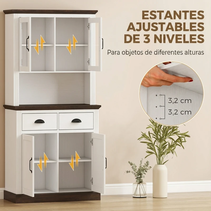 HOMCOM Alacena de Cocina Alta con Puertas de Cristal 2 Cajones Estantes Ajustables Compartimento Abierto 80x38x170 cm Blanco