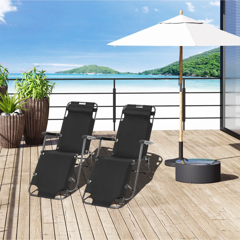Outsunny 2 in 1 Folding Sun Lounger Reclining Garden Chair Set of 2 with 2-Level Adjustable Backrest, Outdoor Zero Gravity Recliner Garden Chairs with Head Pillow and Armrests, Black