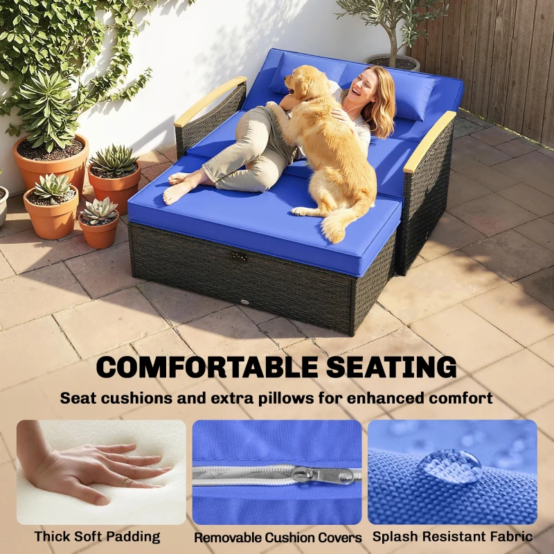 Outsunny Double Garden Rattan Daybed, Wicker Sun Bed Chaise Lounger with Storage Ottoman, 4-Level Adjustable Backrest, Brown