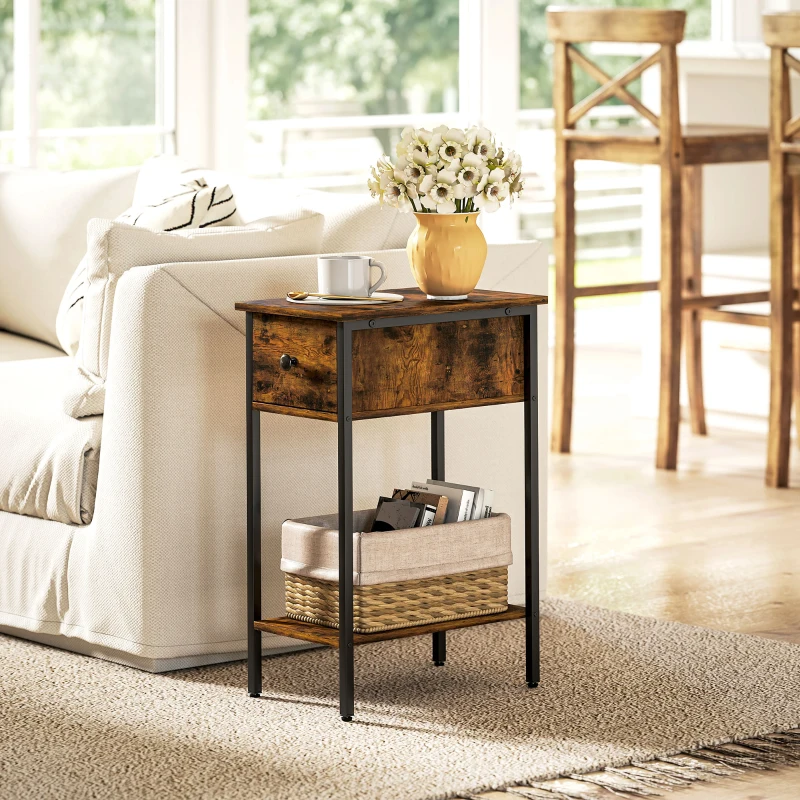HOMCOM Beistelltisch mit offenem Fach und Schublade, Nachttisch, Metallbeine, Holz, Braun