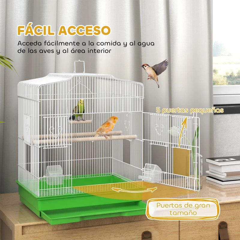 PawHut Jaula para Pájaros Pajarera de Acero con 2 Comederos 2 Perchas Columpio y Bandeja Extraíble Asa 46,5x36x59 cm Verde