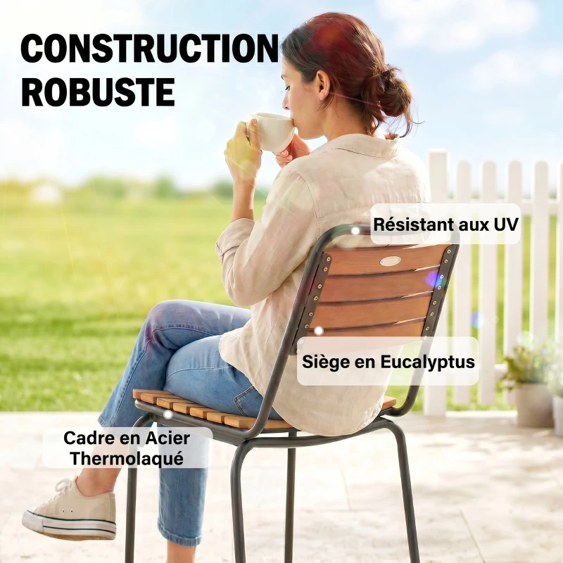 Outsunny Lot de 2 Chaises de Jardin Empilables, Assise et Dossier en Bois Massif à Lattes, Cadre en Acier, 61x47x81cm, Naturel