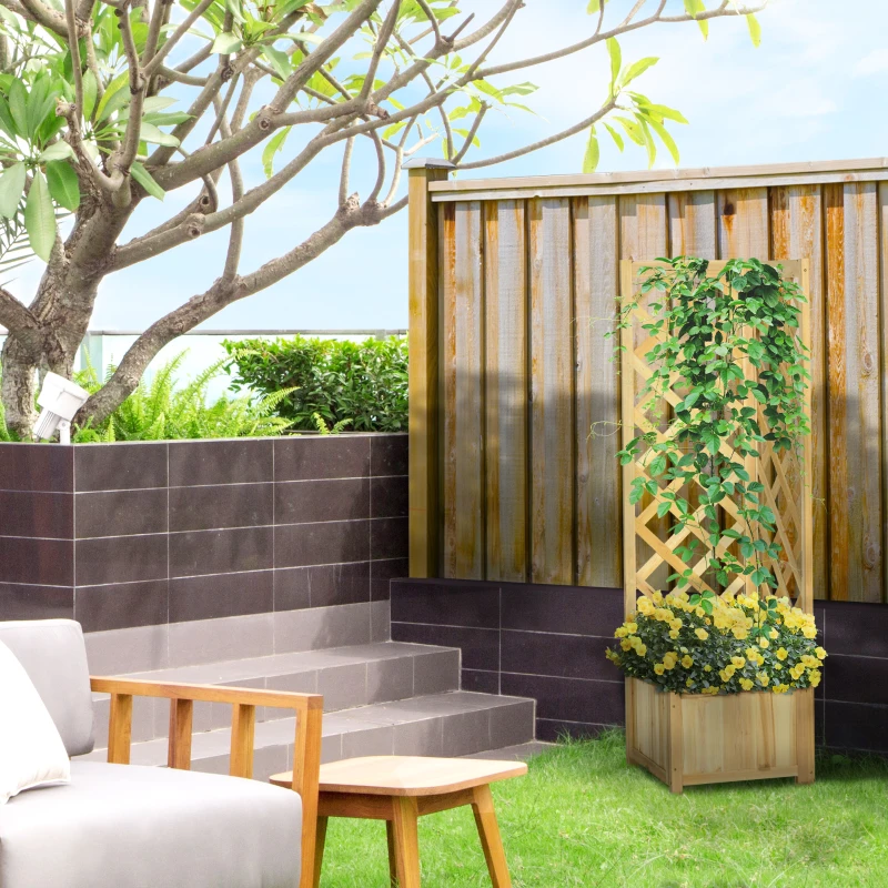 Outsunny Jardinera con Enrejado de Madera Macetero Exterior para Esquina para Plantas Trepadoras 40x40x145 cm Natural