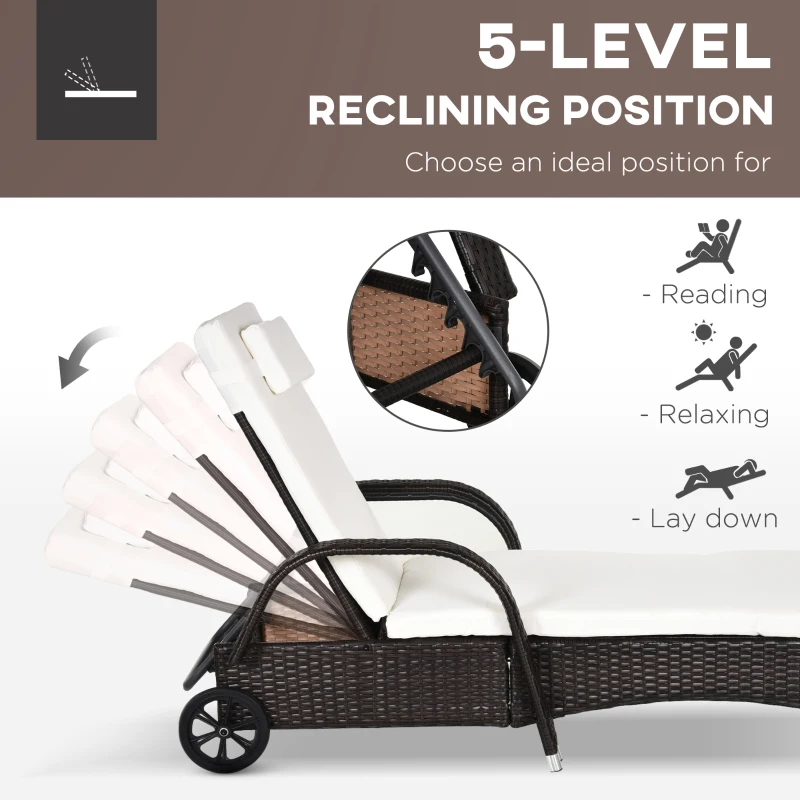 Outsunny Rattan Sun Loungers Set of 2 with Side Table, 3-Piece Garden Furniture Set, Adjustable Recliner Sunlounger Sunbed with Cushions & Headrest, Wheels, Outdoor Patio Daybed, Brown